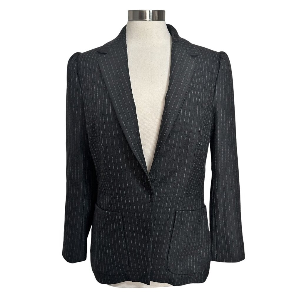 Rebecca Taylor Size 10 Black Striped Puff Sleeve Single Button Thick Blazer